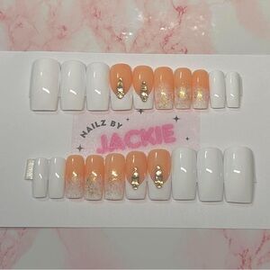 Hand painted Reusable Press on Nails Long Square | White & Gold  |20 Pcs